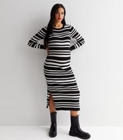 New Look Maternity Black Stripe Ribbed Knit Long Sleeve Midi Dress